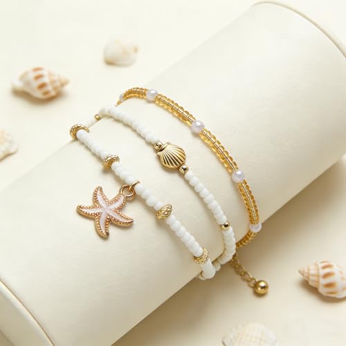 Starfish Seashell Ankle for Women ，14K Gold Bead Handmade Adjustable Plated Boho Shell Anklet ， Foot Chain Jewelry for Summer Beach Vacation - color: White Starfish 3PcS