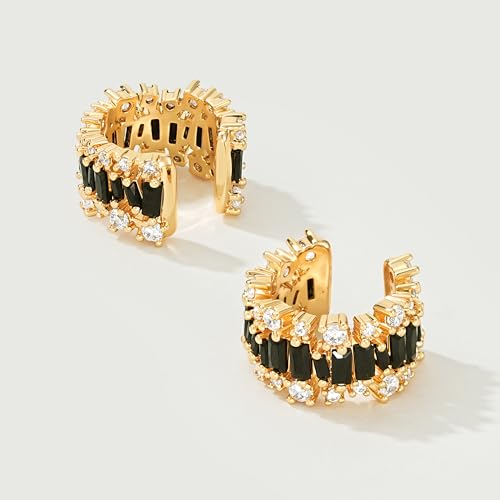 MEVECCO Ear Cuffs Non Piercing For Women 18K Gold Plated Turquiose Pearl Zircons Ear Cuff Earring Clip on Cartilage Fake Hoop Earrings Stack Jewelry Gifts - style: Black CZ -Pair