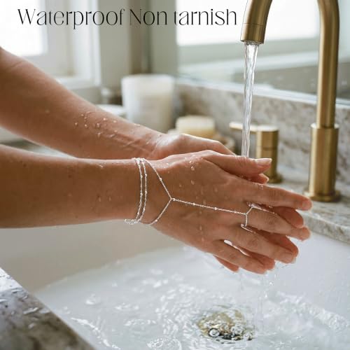 Hand Chain Bracelet for Women Trendy, Dainty Silver Beaded Finger Ring Bracelet Non Tarnish Minimalist Adjustable Simple Cute Silver Bracelets Waterproof Fashion Jewelry - color: Silver-01