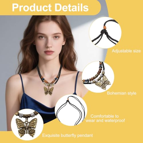 Boho Necklace for Women,Vintage Butterfly Pendant Necklaces,Adjustable Wooden Beads Layered Braided Choker,Fashion Tribal Style Leather Rope Necklace Jewelry,Chunky Statement Gift for Women - color: Black