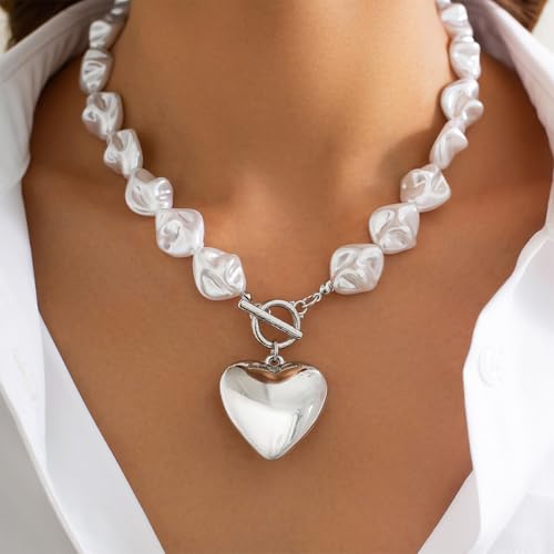 Statement Chunky Gold Heart Pendant Necklace for Women Trendy Boho Baroque Pearl Chain Choker Big Silver Love OT Buckle Necklaces Party Prom Jewelry Gift - color: Silver