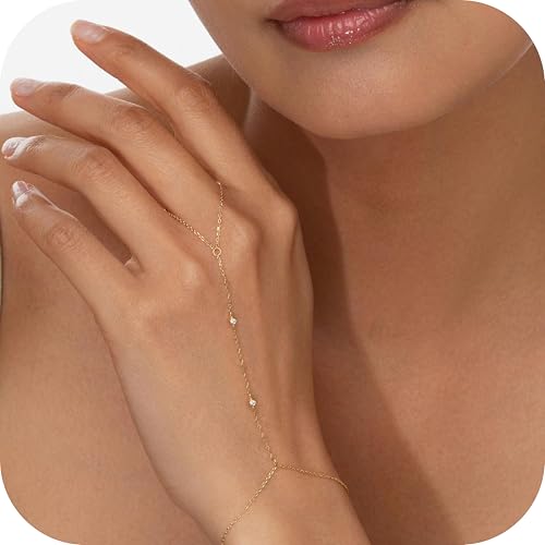 Gokeey Dainty Gold Ring Hand Chain Cubic Zirconia Bracelet Trendy 14K Gold Plated Hand Chains Bracelet for Women Simple Body Jewelry Set Trendy Birthday Gift - color: Gold