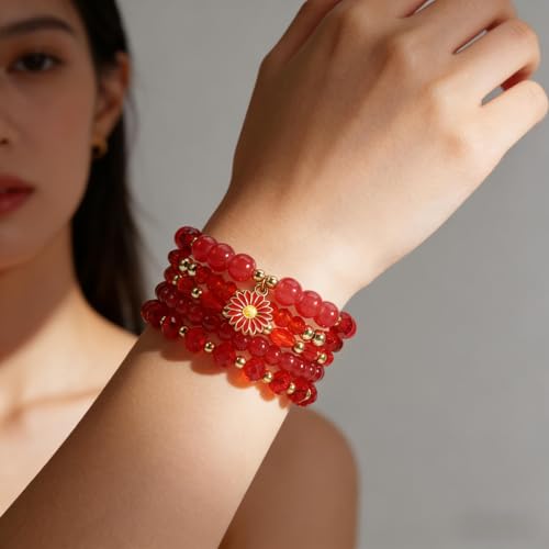 coadipress 5Pcs Bohemian Flower Stackable Bead Bracelets for Women Multilayer Crystal Glass Beaded Charm Bangles Bracelet Boho Summer Beach Hawaii Holiday Statement Jewelry - color: Red