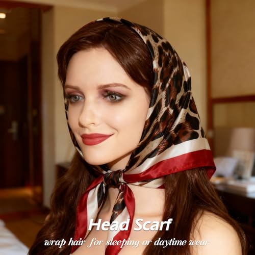 Ciormis 35" Silk Head Scarf for Women, 4 Pcs Satin Hair Scarf Square Silk Bandana Top Neck Scarves Hair Wraps for Sleeping - color: H1-leopard-set11
