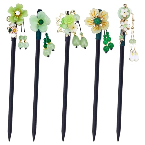 5PACK Japanese & Chinese Wooden Hair Sticks Elegant Flower Hair Chopsticks, Japanese Hair Pin for Bun, Updo & Traditional Hairstyles - color: Green