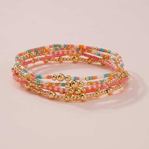 14K Gold Plated Beaded Bracelets Stack Set for Women,Stretch Boho Colorful Beads Ball Jewelry Friendship Summer Trendy - color: Gold pink