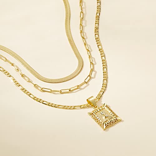 KissYan Gold Layered Necklace Set for Womens, 14K Gold Plated Initial Letter Pendant Necklaces Paperclip Snake Choker Alphabets from A-Z Figaro Chain Jewellery Gift - color: 3PCS, style: J