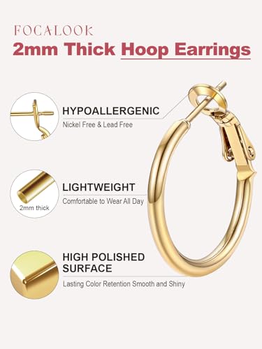 FOCALOOK 14K Gold Plated Lightweight Large Hoops| 2mm Thin Hoop Earrings for Women 30/40/50/70/100mm - color: 01.Gold, size: 20mm