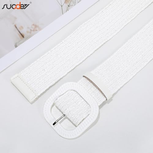SUOSDEY 2 Pack Straw Woven Elastic Belt Braided Stretch Wide Boho Rattan Waist Belt for Women Dresses - color: 08-brown+white, size: Fit Waist up to 40''