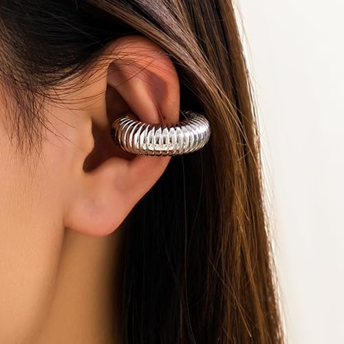Gold Ear Cuff Earrings for Women Non Piercing 14K Gold Plated/Silver Cuff Clip On Cartilage Hoop Shining Cubic Zirconia Twisted Chain Ear Clip On Earring for Women Chunky Ear Cuffs Earrings - color: A-silver