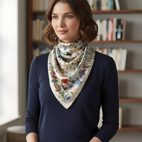 Premium Floral Scarf for Women 35x35 Square Silk Feel-Lightweight Scarves Headscarf Bandanas Wrapping Handbag - color: Apricot