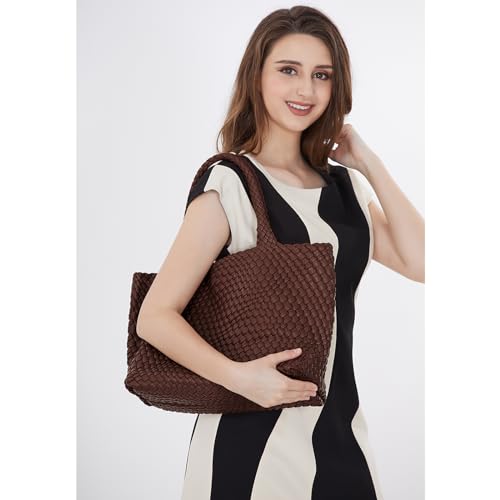 Woven Tote Bag Womens Purse Vegan Leather Shoulder Handbags Fashion Summer Beach Tote Bags Large Travel Totes - color: Coffee