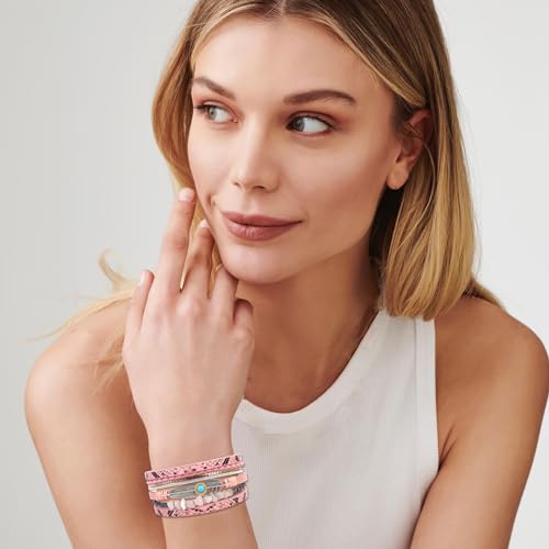 Long tiantian Boho Leather Wrap Bracelets Western Bracelets for Women Stackable Starfish Crystal Pearl Turquoise Leather Bracelet With Clasp Jewelry Gifts Boho Dresses - color: A3:Pink Bracelet