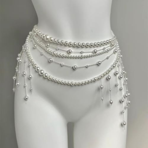 Multilayer Imitation Pearl Waist Chain for Women Trendy Waistband White Pearl Body Chain Long Tassel Pendant Waist Chain Wedding Bridal Dress Belt Fashion Trend Metal Chain Body Chain Jewelry - color: White1