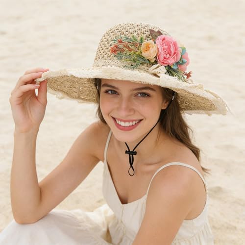 Realistic Flowers Floppy Straw Hats for Women, Chic Wide Brim Lace Trim Bowknot Summer Sun Caps Portable Anti-UV Sun Protection Shopping Fishing Gardening Travel Beach Caps Topee Fisherman Hat Beige