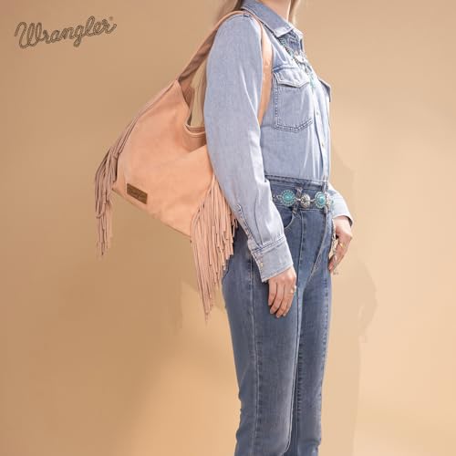 Wrangler Fringe Suede Hobo Bag for Women Leather Western Fringe Purse Tassel Hippie Shoulder Bag - color: Dark Pink