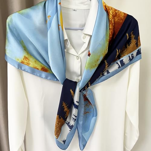 Julunar Silk Like Head Scarf for Women - Satin Large Hair Scarves - 35" Square Silk Hair Wrap for Sleeping with Gift Packed - color: A020-1 Sun & Woodland