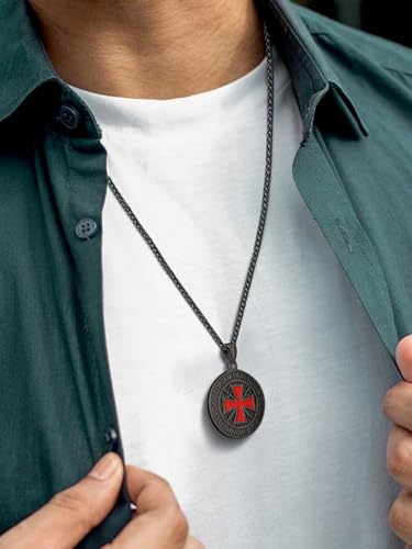 FaithHeart Knights Templar Necklace for Men, Christian Necklace for Men Stainless Steel Pendant Neckalces Christian Gifts with Gift Box - color: 04. Medal-Black(Custom)