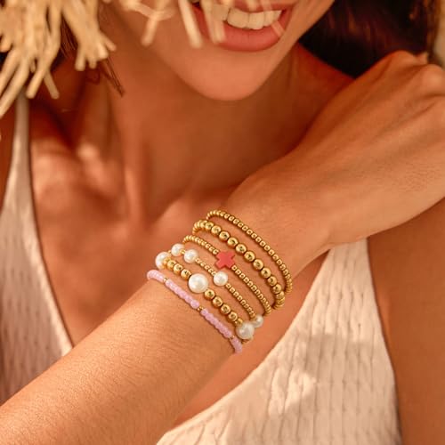 VIBILIA Gold Beaded Bracelets Set for Women 14K Gold Plated Dainty Pearl Cross Bracelet Stack Stretch Bracelet Set Fashion Accessories Gifts - color: 6P-#04-6462-Pink