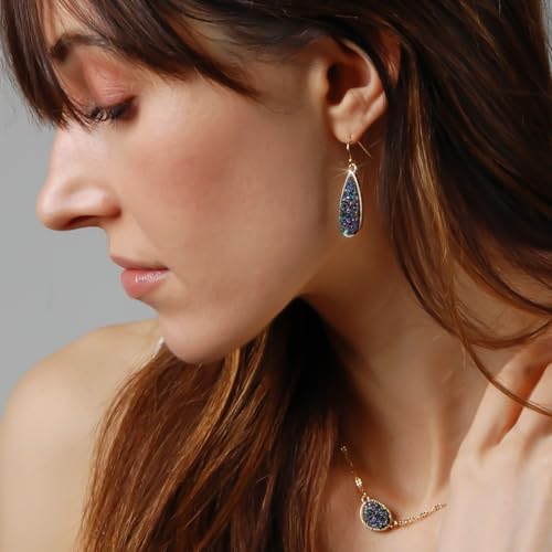 Teardrop Dangle Earrings for Women with Simulated Druzy Stones, in Gold or Rose Gold Tone - color: Gold - Black Created Opal