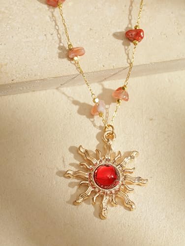 Sacina Sun Choker Necklace, Natural Crystal Necklace, Boho Hippie Jewelry, Christmas Jewelry Gift For Women - color: red