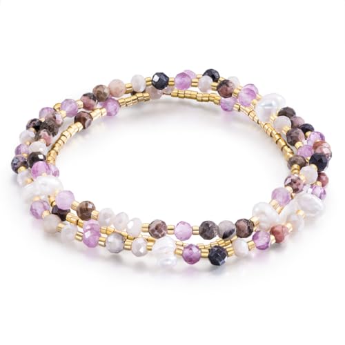 Beaded Bracelets for Women Small Blue Glass Beaded Stretchy Seed Bracelets Stackable Natural Gemstone Crystal 14K Gold Plated Beads Summer Boho Jewelry Gift - color: Amethys