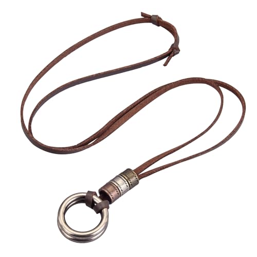 Kelake Leather Necklace for Women Men Teen Vinatge Boho Alloy Pendant Choker Jewelry Fashion Sweater Necklaces with Adjustable Genuine Leather Chain - color: Antique Silver Double Rings Pendant