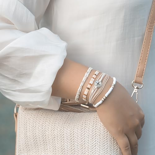 FANCY SHINY Boho Nautical Compass String Bracelets Beaded Clay Beads Bracelet Stackable Friendship Bracelets Summer Beach Outfits for Women Girls - color: Wheat