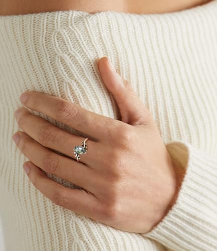 Genuine Turquoise Ring for Women Western Oval Gemstone Jewelry 925 Sterling Silver Leaf Bohemian Boho for Her Wife Mom - color: Moss Agate