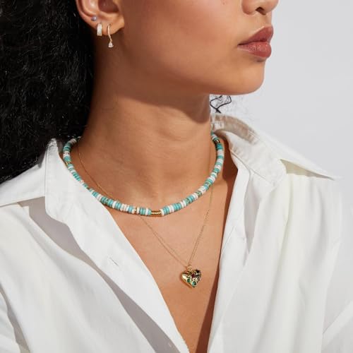 KissYan Boho Beaded Choker Necklace for Women, Gemstone Choker Natural Stone Freshwater Pearl Surfer Necklaces 14K Gold Plated Summer Beach Handmade Jewelry - color: L-Turquoise