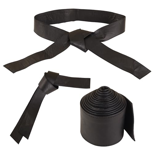 Woman's Obi Sash Tie Plus Size Waist Band Wide Solid Color Genuine Leather Belt - color: Black