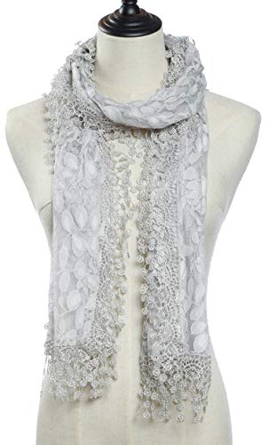 Cindy & Wendy Lightweight Soft Leaf Lace Fringe Scarf Bridal Shawl for Women - color: Light Gray