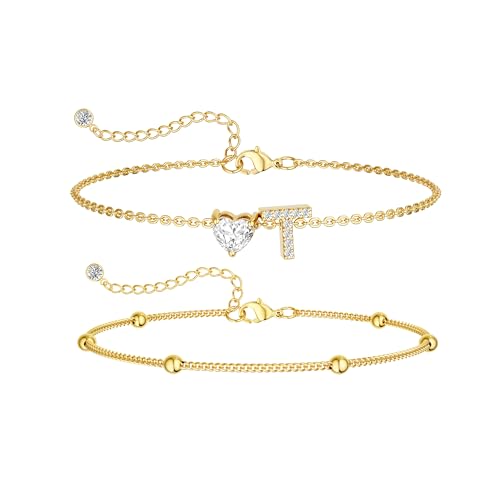 CAROVO Gold Ankle Bracelets for Women Waterproof 14K Real Gold Plated CZ Initial Anklet for Women Dainty Layered Letter A-Z Heart Ankle Bracelets Handmade Adjustable Anklet Summer Beach Jewelry - style: T