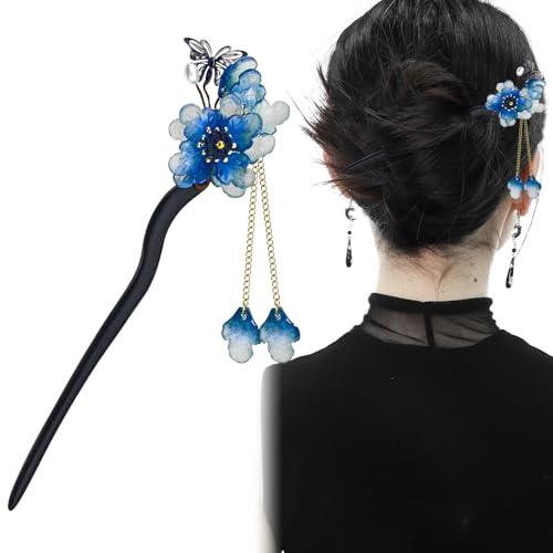 Blue Plum Blossom Resin Hairpin with Wooden Stick Elegant Tassel Chinese Hanfu Style Hair Fork for Women Girls
