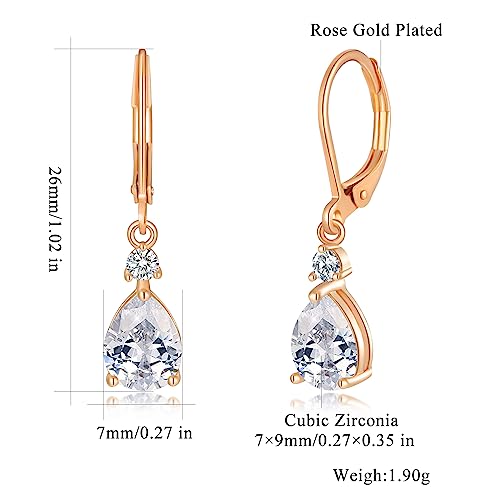CiNily Teardrop Leverback Dangle Earrings for Women Hypoallergenic 14K Gold Plated Cubic Zircon Drop Earrings Fashion Crystal Earrings for Girls Jewelry Christmas Gifts - color: Rose Gold-White CZ