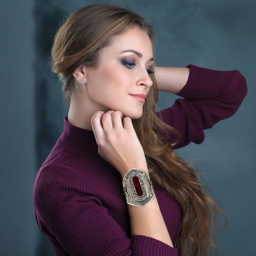 Duel On Jewel Afghan Baloch Tribal Wide Adjustable Cuff Bracelet for Women, Handmade Oxidized Alloy Wrist Cuff with Engraved Kuchi Inspired Design, Statement Bohemian Festival Jewelry, 0.8 to 3.5 Inch - style: Baloch Garnet Red