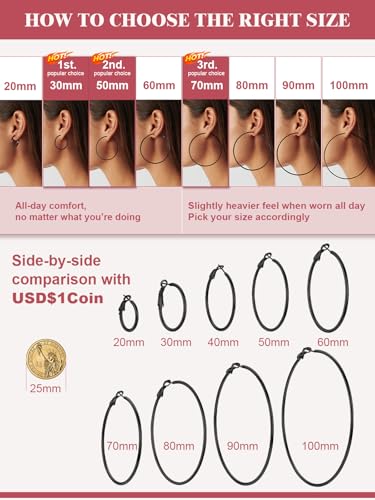 FOCALOOK 14K Gold Plated Lightweight Large Hoops| 2mm Thin Hoop Earrings for Women 30/40/50/70/100mm - color: 01.Black, size: 100mm