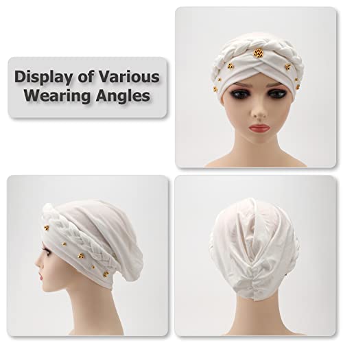 African Women Turban Caps Pre-Tied Twisted Turbans Head Scarf for Women Hair Wraps Cover Beanie Cancer Chemo Headwear - color: 1 Pack Twisted Braid: Gold Bead White