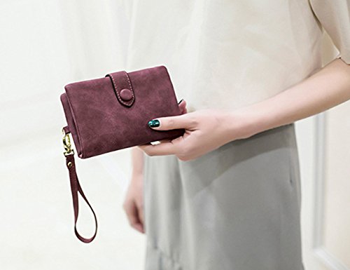 AOXONEL Women's Small Bifold Leather wallet Rfid blocking Ladies Wristlet with Card holder id window Coin Purse - color: Purple