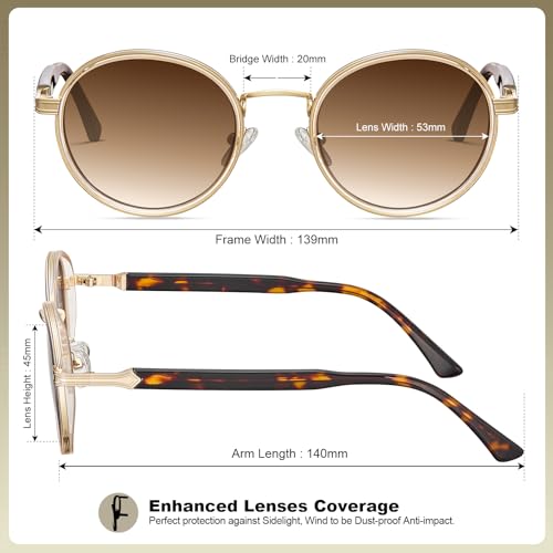 CARFIA Retro Round Sunglasses for Women Polarized UV Protection, Durable Acetate-Metal Frame Designer Eyewear CA1951 - color: 2. White Brown Frame + Gradient Brown Lens