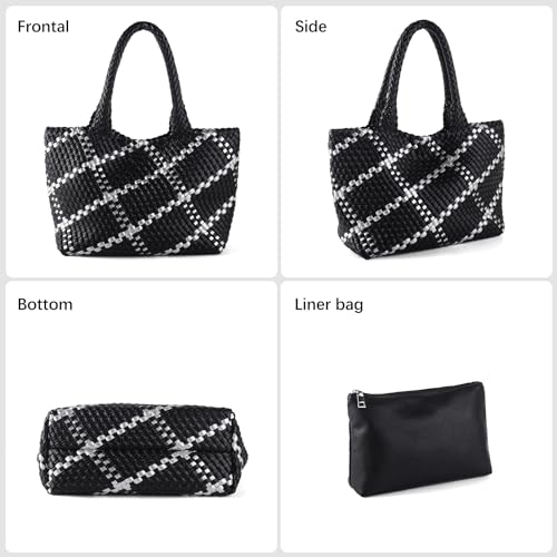Woven Tote Bag Womens Purse Vegan Leather Shoulder Handbags Fashion Summer Beach Tote Bags Large Travel Totes - color: Black-s