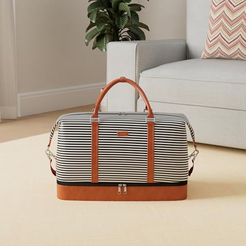 IBFUN Weekender Bags for Women, 21" Weekender Travel Bag, Travel Duffle Bag with Shoe Compartment Carry on Overnight Duffel Bag for Weekend Travel Business Trip - color: C1-Black Strip