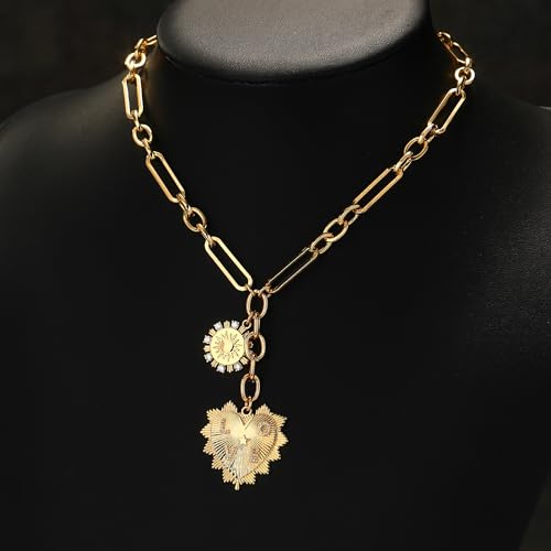 Gold Love Heart Sun Charm Chunky Paperclip Chain for Women Trendy 18K Gold Plated Coin Sunflower Pendant Choker Necklace Hip Hop Jewelry Gifts for Her - style: LOVE HEART, SUN