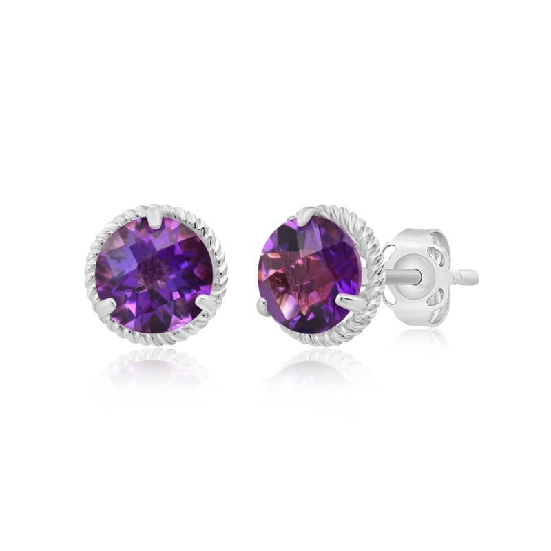 14k White or Yellow Gold Roped Halo Gemstone Round Stud Earrings for Women 6mm Birthstone with Push Backs by MAX + STONE - color: Amethyst