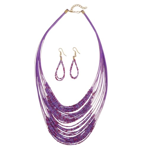 Bohemian Colorful Beaded Earrings Necklace Geometric Teardrop Dangle Earrings Multi-layered Stackable Choker Necklaces Boho Seed Bead Chain Statement Beach Party Accessories - color: Purple