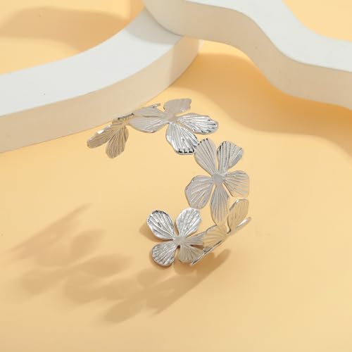 WOWORAMA Chunky Gold Cuff Bracelets for Women Vintage Gold Flower Butterfly Bracelet Trendy Boho Wide Open Cuff Bangles Matte Statement Bracelet - color: Silver Flower