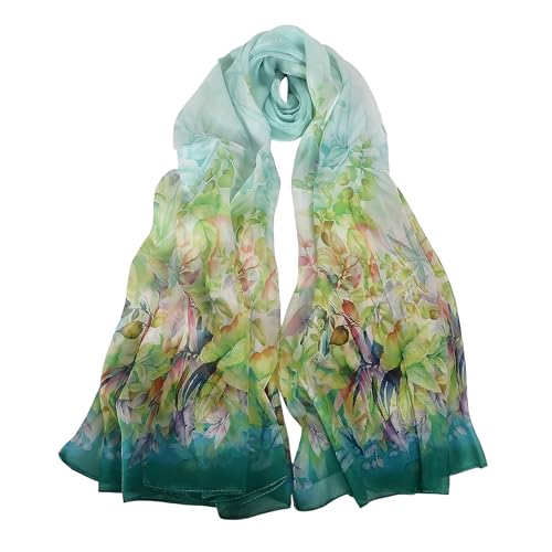 100% Mulberry Silk Women's Neck Silk Scarf-Lightweight Shawl,FLoral Print Beach Silk Wrap-Scarves for Photography - color: Lake Green