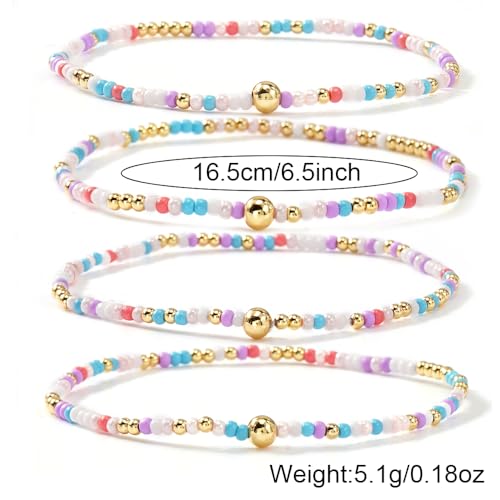 Boho 4Pcs Stack Colorful Small Seed Beaded Bracelets Set for Women, Cute Handmade Dainty Trendy Gold Plated Stretch Accessories Thin Glass Jewelry, Summer Daily Party Friendship Gift - color: Purple White