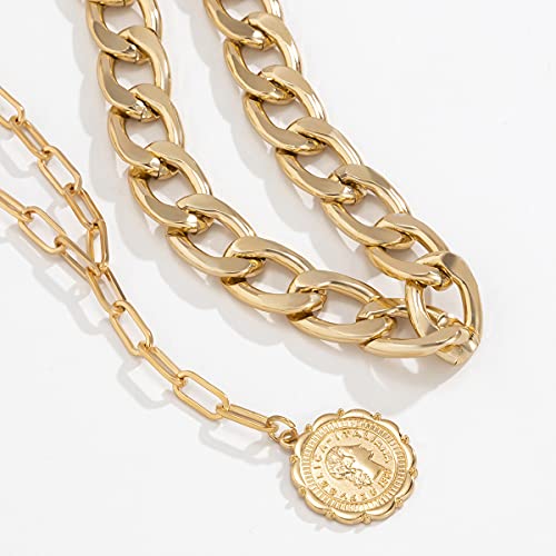 JWICOS Gold Boho Cuban Chunky Necklace Layered Dainty Paperclip with Coin Pendant Choker Chain for Women (Gold) - color: Gold
