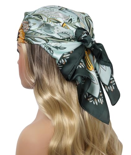 CHUNG Women's Scarf Hair Bandanas Square 27.5" Satin Wrap Fashion Pattern Scarves Emulation Silk Handbag Ribbons Necktie - color: Blue Flower-87#